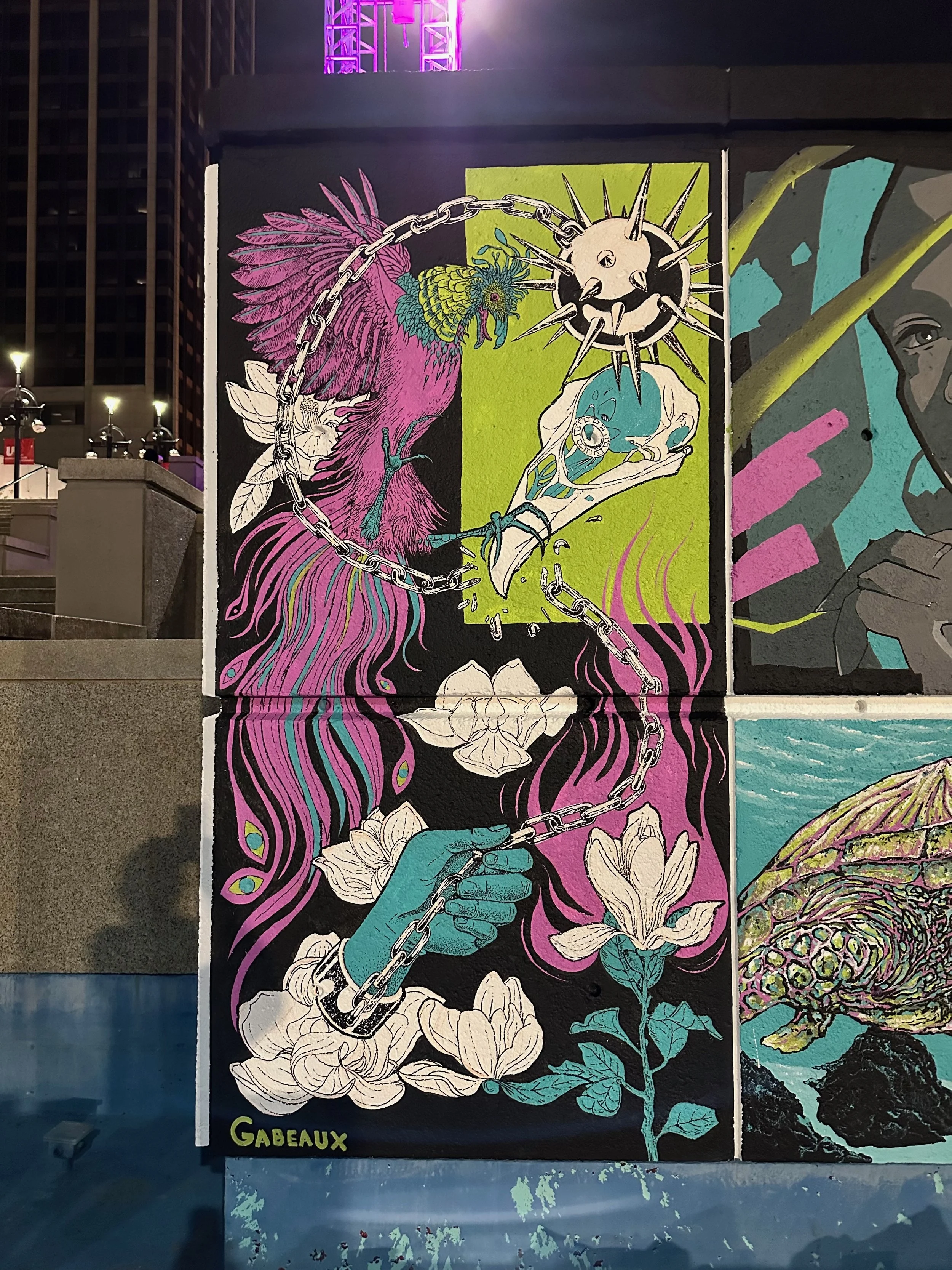 Phoenix Disarms | Mural for High Contrast at Underground Atlanta | 2024 | Peachtree Fountains Plaza, Atlanta, Georgia