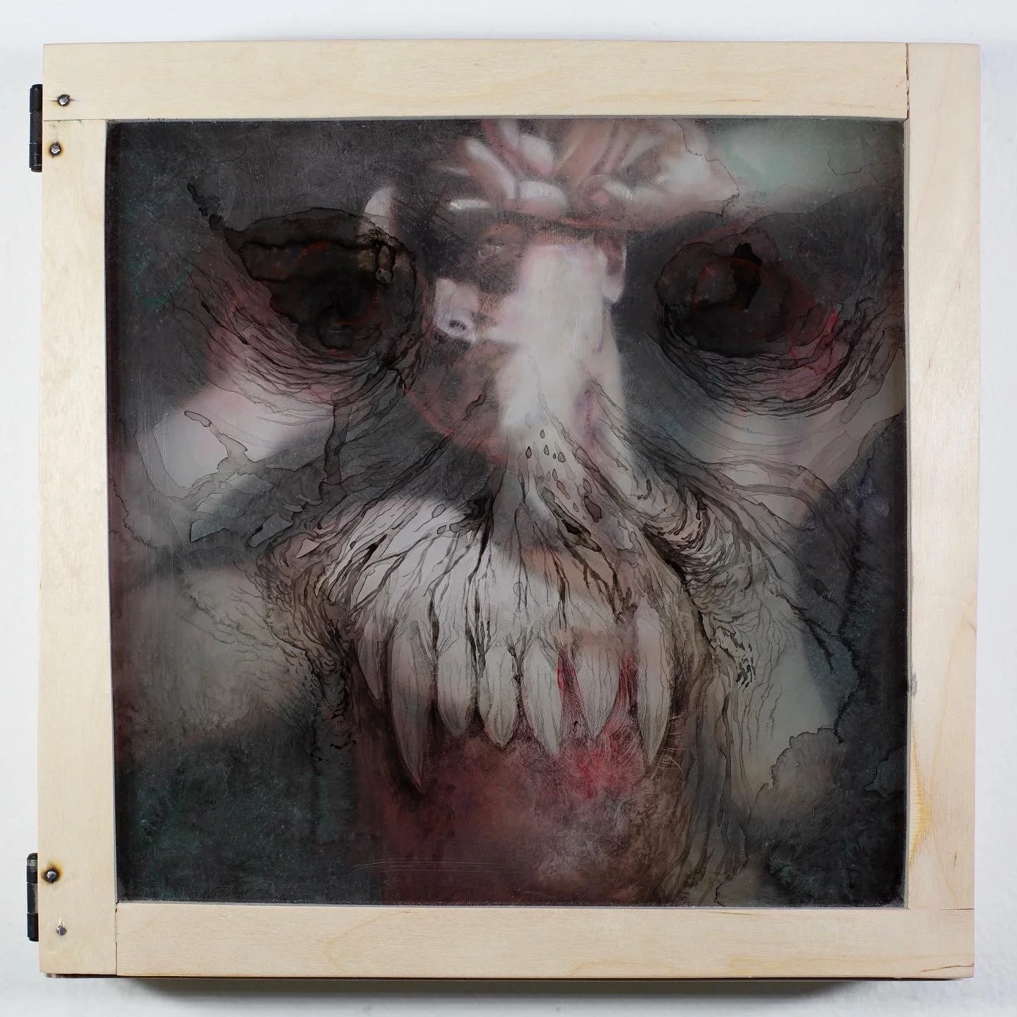 Vampyre | 12"x24"x3" open | Acrylic Gouache and colored pencil on articulated birchwood box and plexiglass | 2023 | Sold