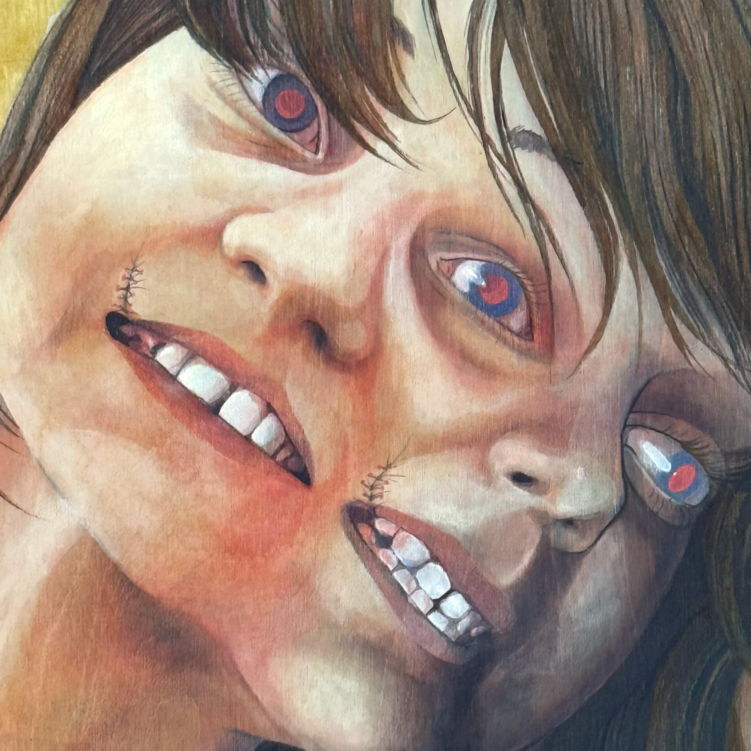 Smiling Kid with Stitched Face | 24"x24" | Gouache on birch wood | 2025 | Available via artist