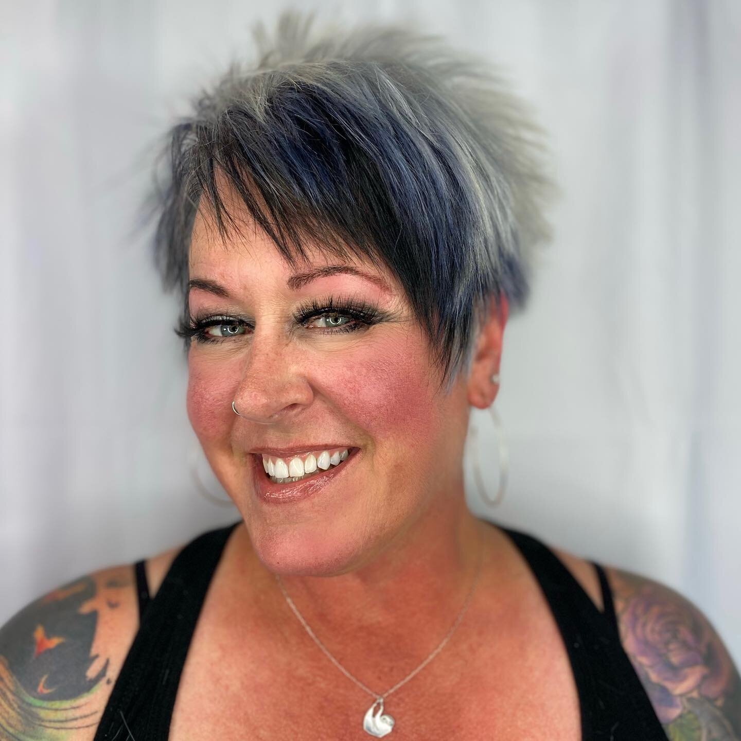 Would you guess that she has her own Harley?!? 
Lady Diana was so fun. We had a blast updating her short &amp; sassy color &amp; cut. 
#harleychick 
#tattoos 
#medinaohio 
#330stylist 
#goldwell 
#greencirclesalons 
#medinagreensalon
#punkrock