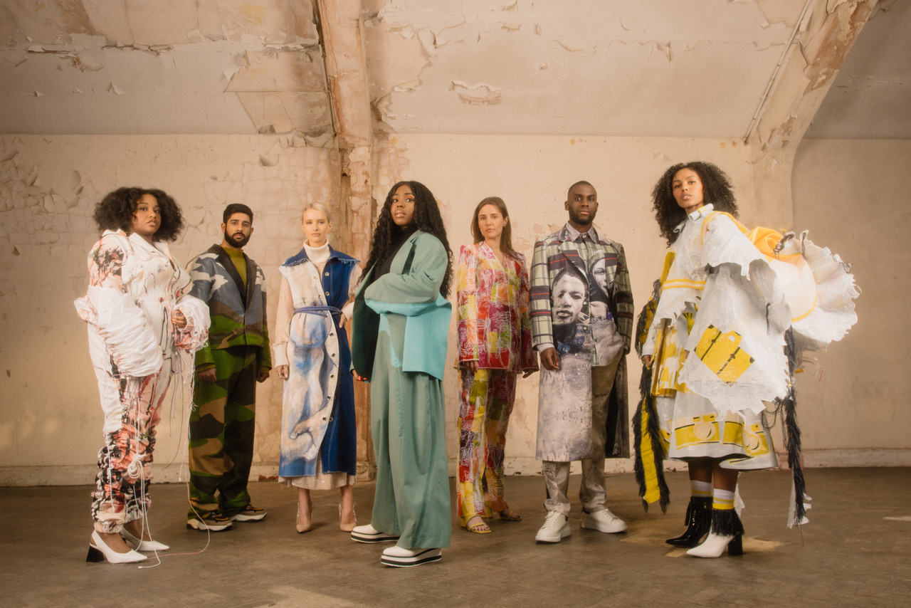 The Talent of Tomorrow designs worn by influencers L-R Rachael Sealy, Rashpal Amrit, Victoria Magrath, Mercedes Benson, Chloe Street, Suleman Kudus and Jade Pearl.