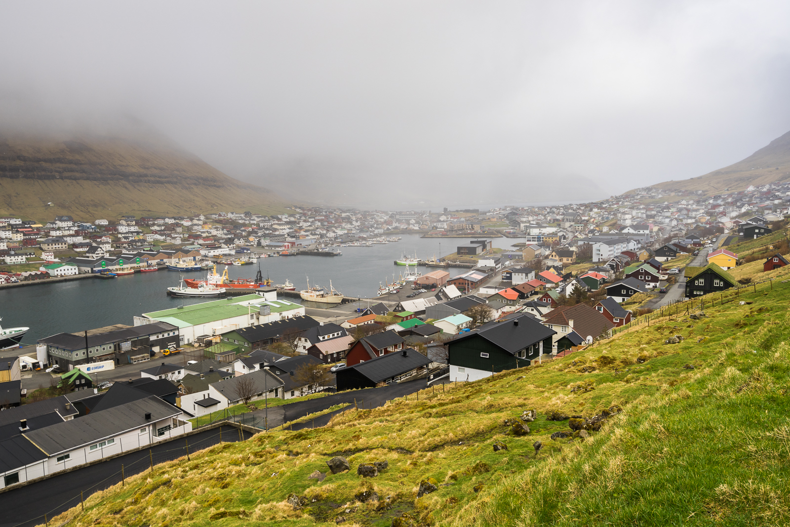 Klaksvik from above. Foggy and rainy, still very beautiful