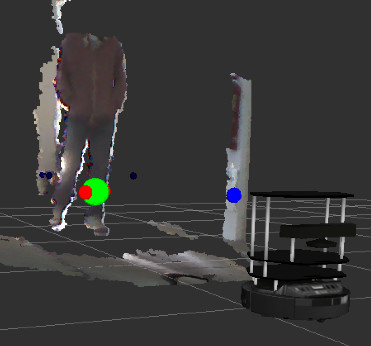  A visualization of needy's view via his depth camera. &nbsp;The red spheres are his attempt to identify legs and the bigger green sphere is his estimate for where a person should be. 