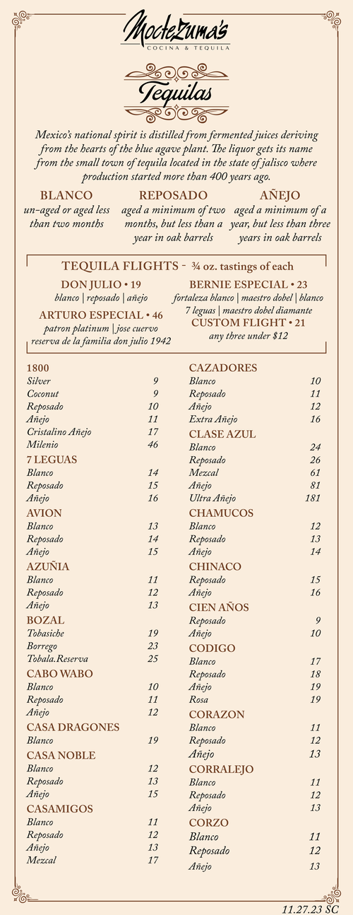 southcenter Tequila Bar Menu — Moctezuma's Mexican Restaurant and