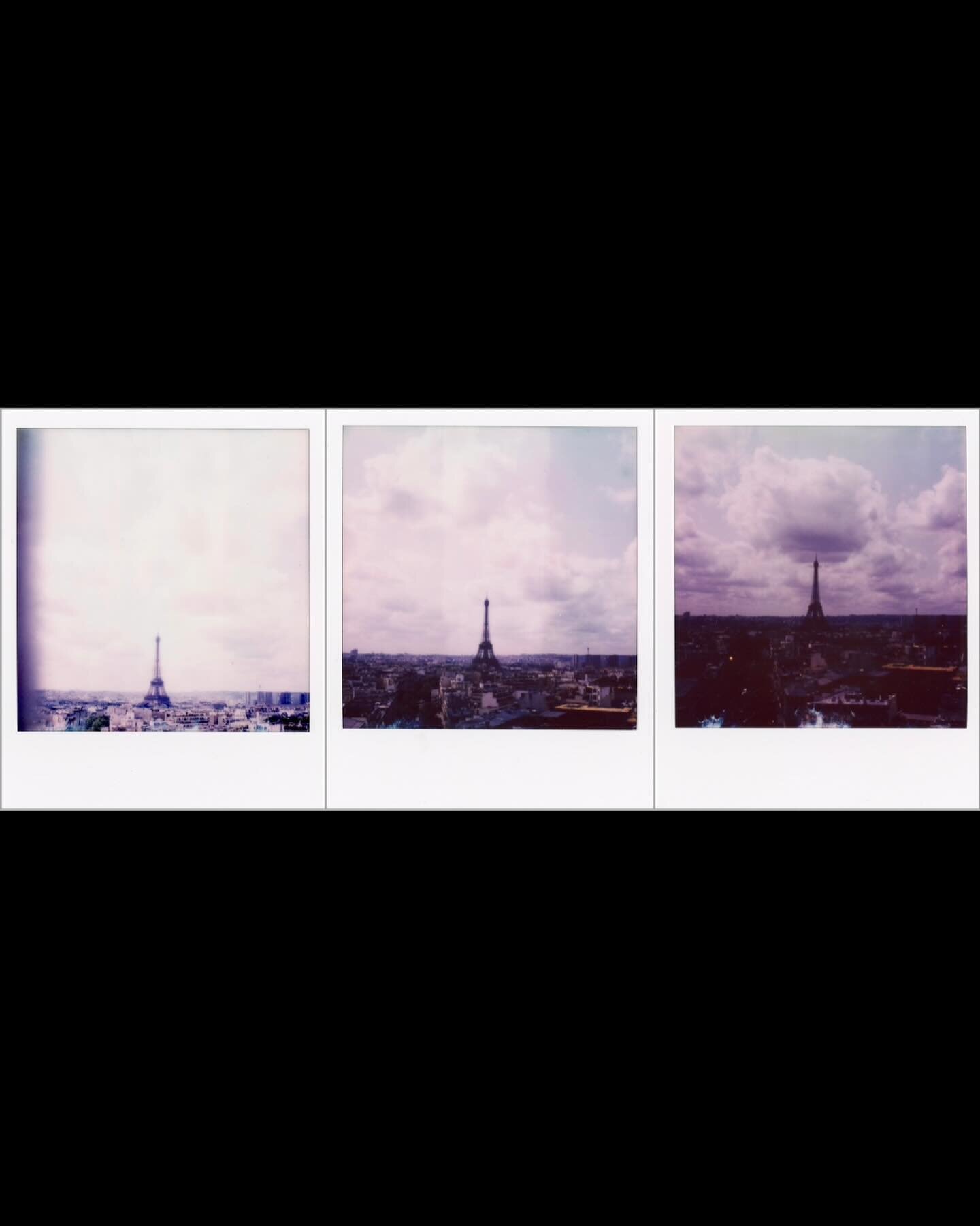 Three #polaroid photos of the Eiffel Tower from the top of the arc de triumph. I don&rsquo;t remember if I meant for them to step up both in composition and in exposure. There&rsquo;s no way to know that the print is going to have the three strips li