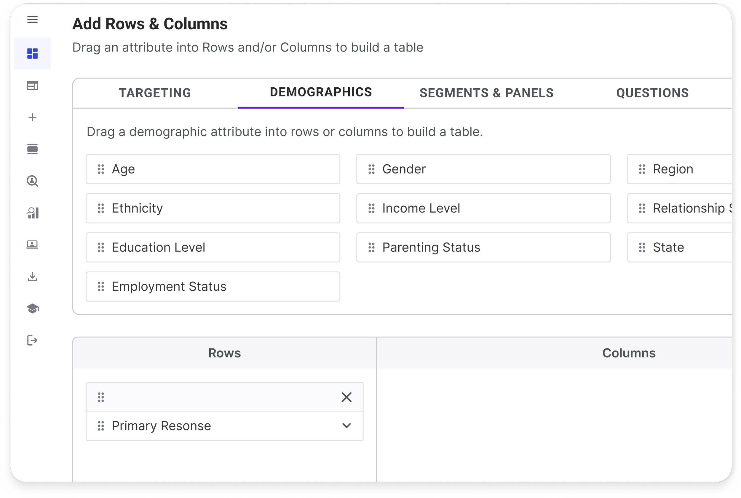 Enterprise B2B SaaS dashboard showing a drag-and-drop Data Explorer interface for building tables by demographic attributes like age, income, and education.