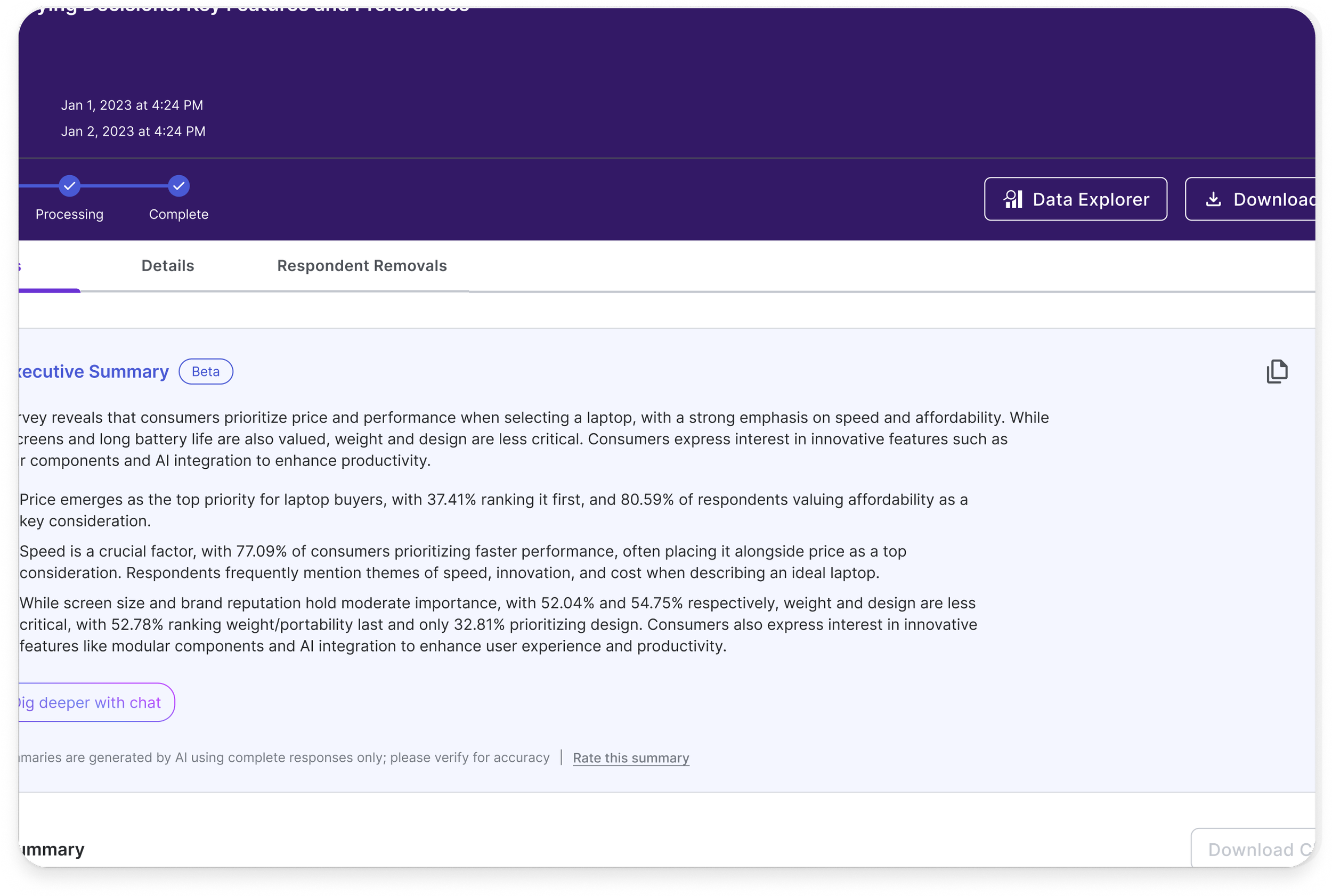 Survey analysis builder screen with auto-generated executive summaries from AI, designed for building data cuts by segments or demographics in an intuitive SaaS interface.