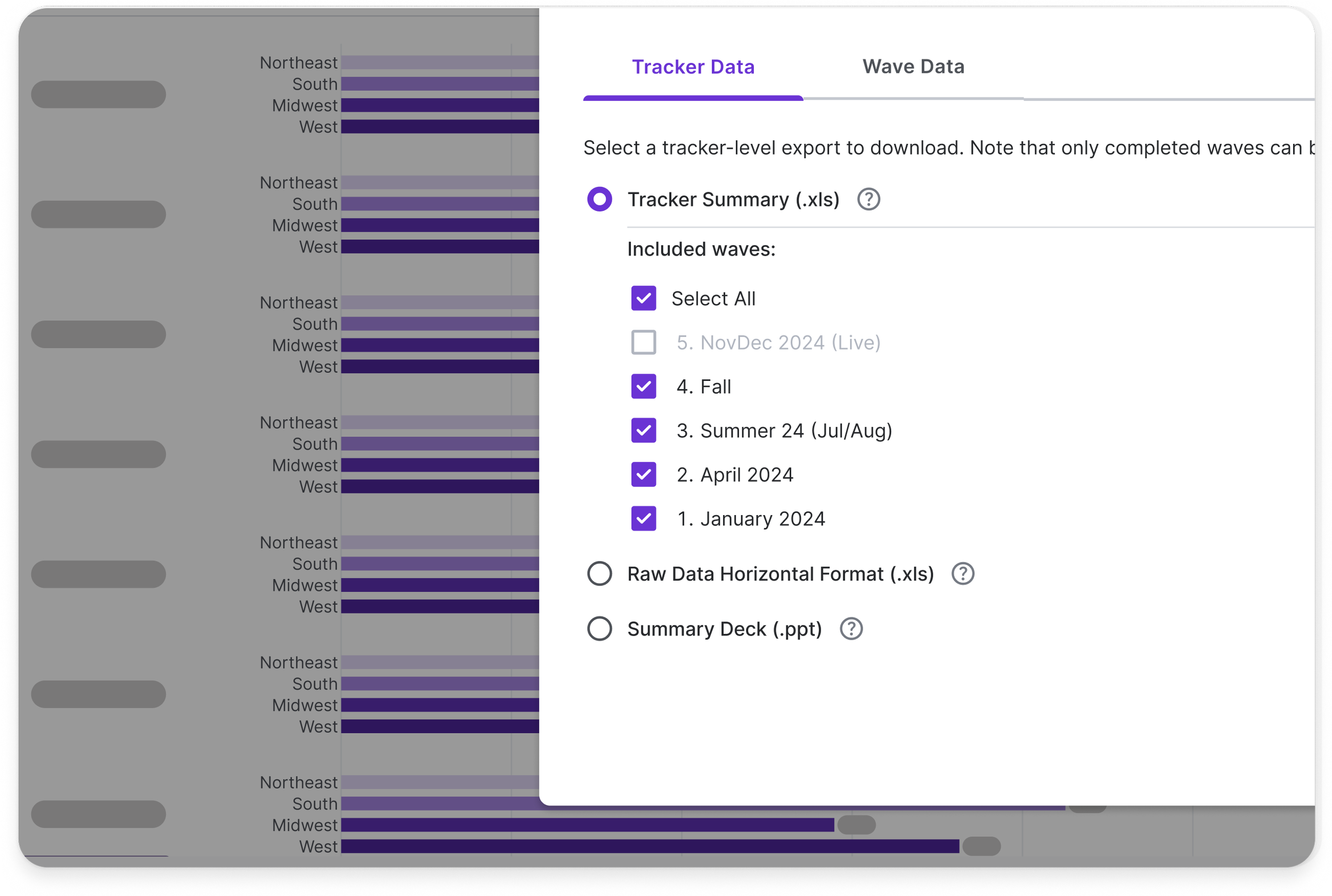 B2B SaaS dashboard for exporting tracker data by wave, with export options in XLS or PowerPoint formats—supporting data storytelling and decision-making.