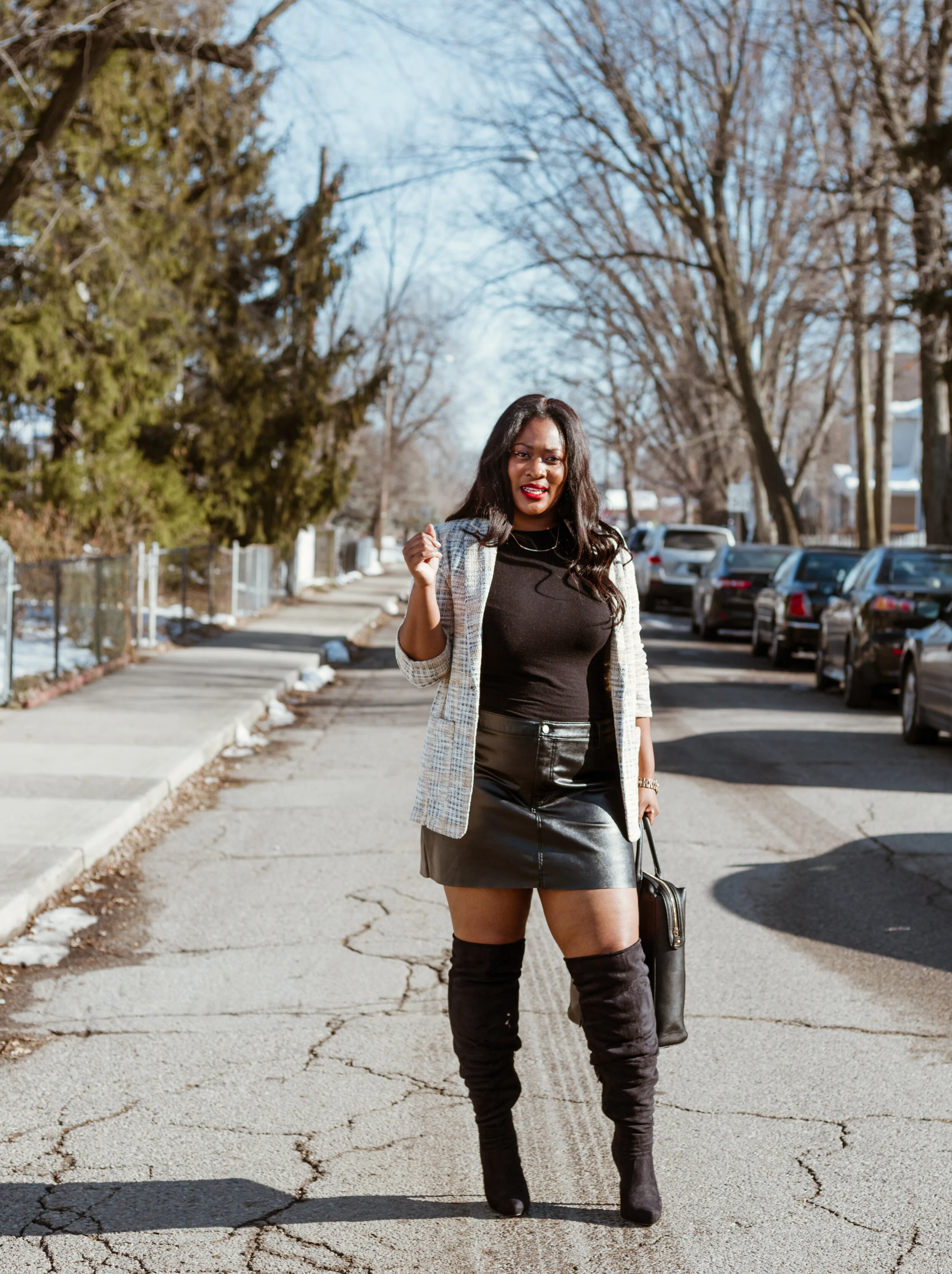 blazer and thigh high boots outfit