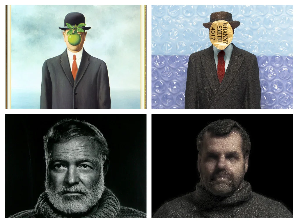 Daniel Warnecke, Subject to Impression (2016) Left row, from top to bottom: Johannes Vermeer, Girl with a Pearl Earring (1665); René Magritte, The Son of Man (1964); Yousuf Karsh, Ernest Hemingway (1957) Images courtesy of artists
