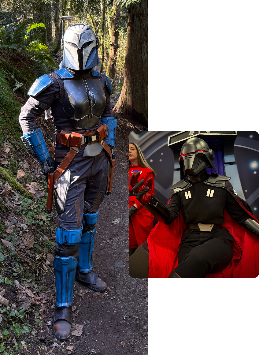 Cosplayer in a Bo-Katan armor set and Second Sister armor.