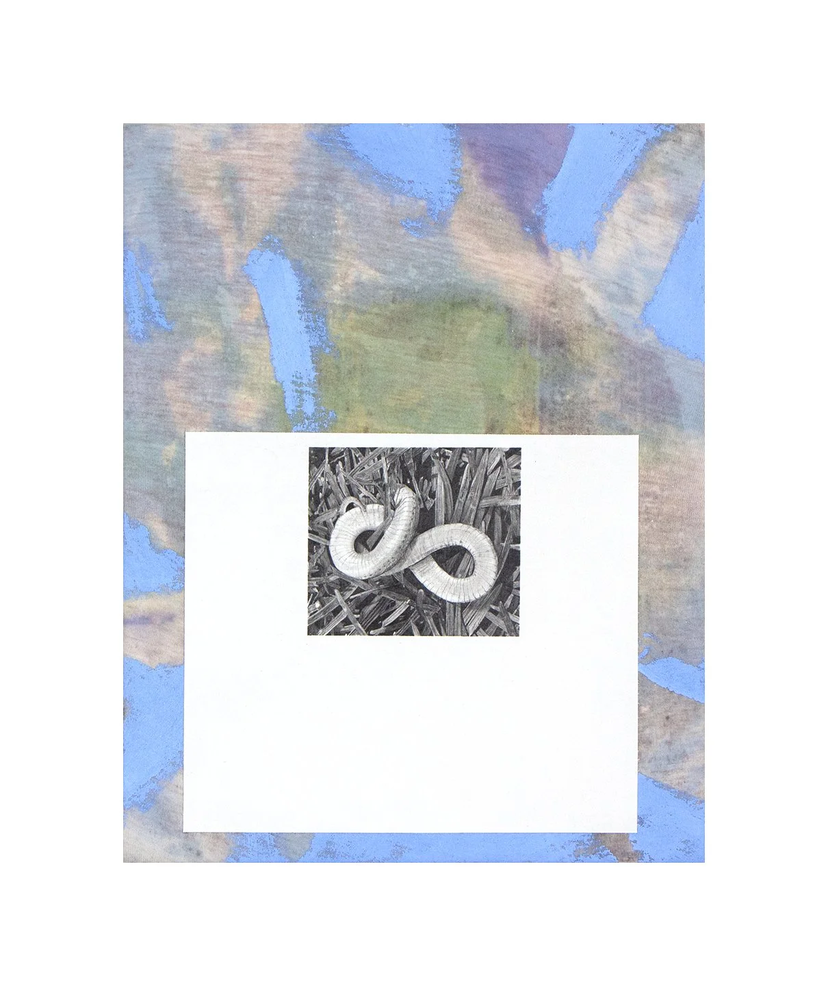 forever eating its own tail on my brother’s shirt, acrylic, graphite, and t shirt on canvas, 14 x 11 inches, 2023