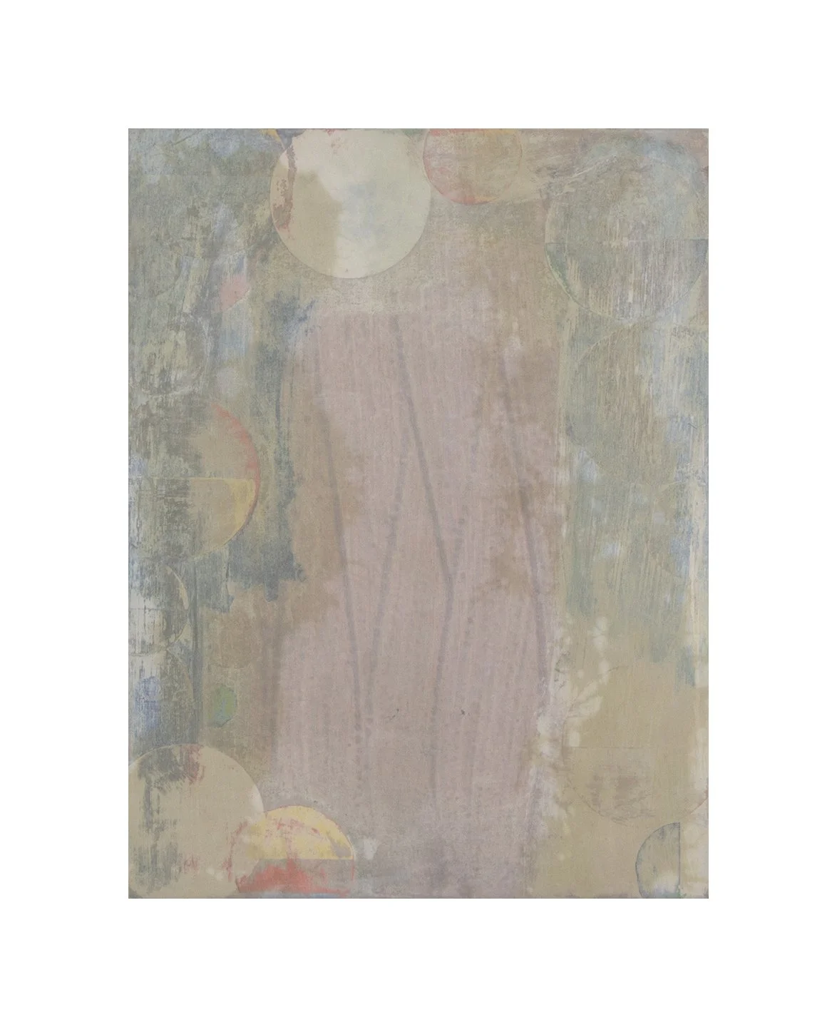 corks, enamel, acrylic, and bed sheet on canvas on panel, 23.5 x 18 inches, 2025