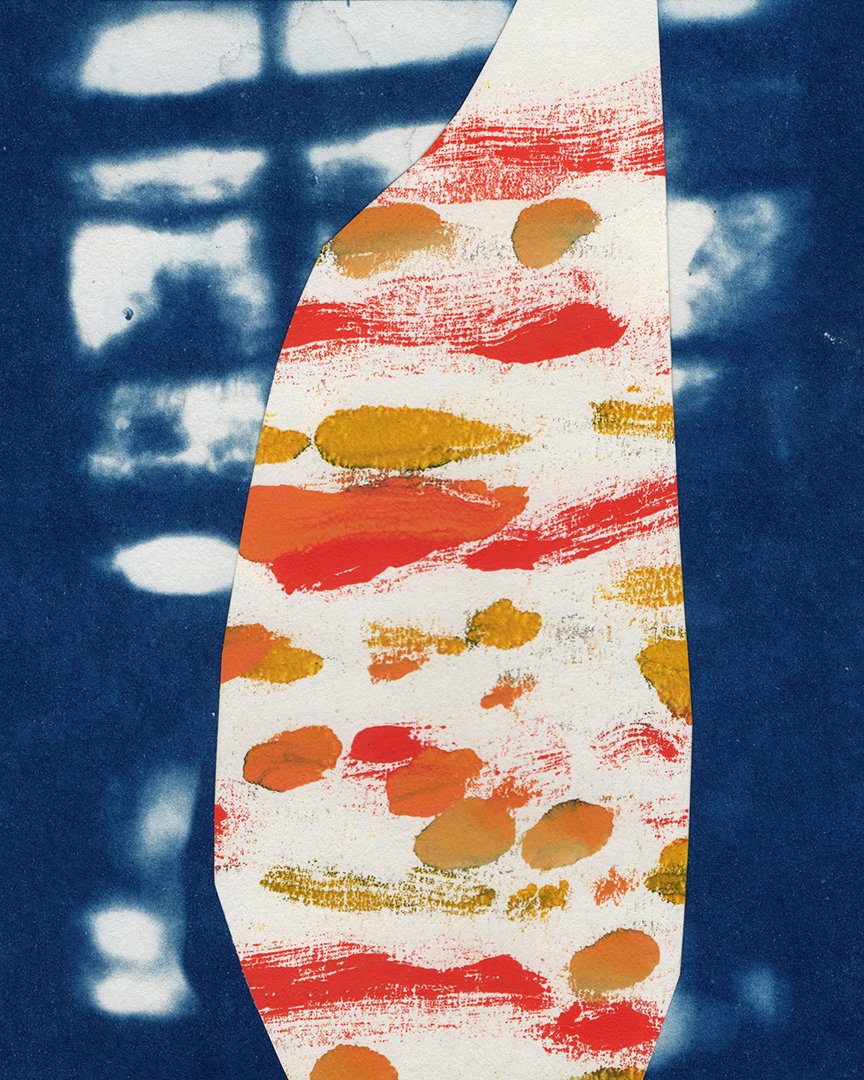 untitled, ink and collage on cyanotype, 5 x 4 inches, 2020