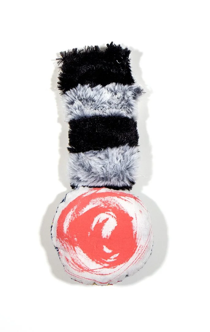 raccoon, dog toy, fabric, thread, acrylic paint, and polyester fiberfill, 10.25 x 4.25 x 1.75 inches, 2025