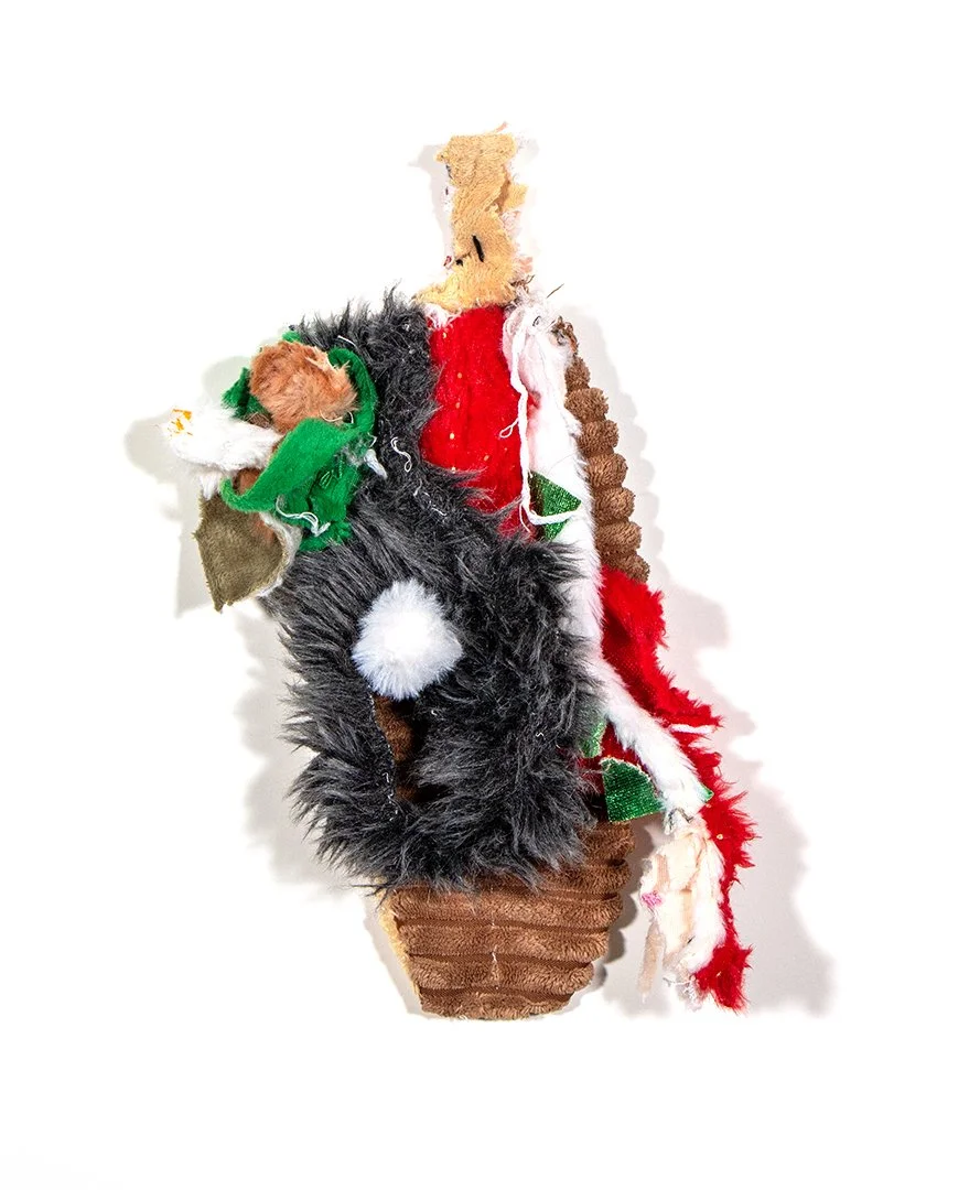 untitled, dog toys, fabric, and thread, 11.5 x 7 x 1.75 inches, 2025