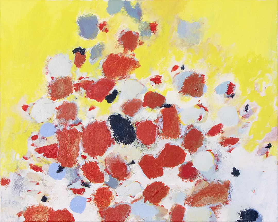 garlic bloom (no polka dots on this one), acrylic on canvas, 16 x 20 inches, 2022