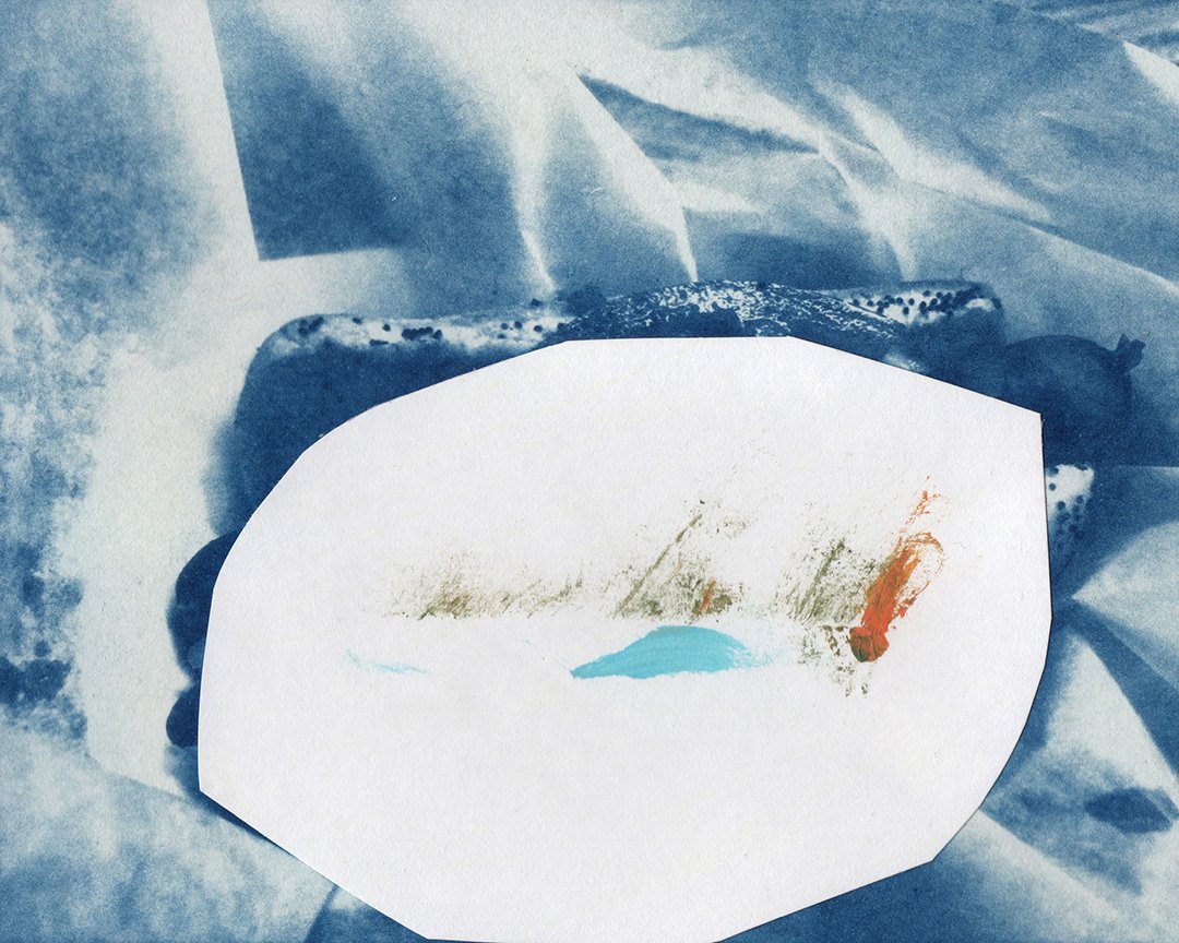 hot dog, acrylic and collage on cyanotype, 4 x 5 inches, 2020