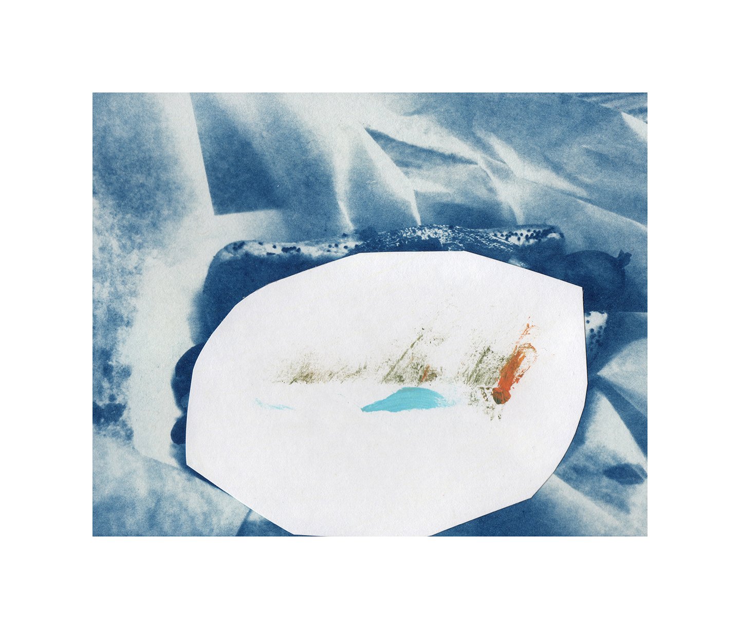 hot dog, acrylic and collage on cyanotype, 4 x 5 inches, 2020
