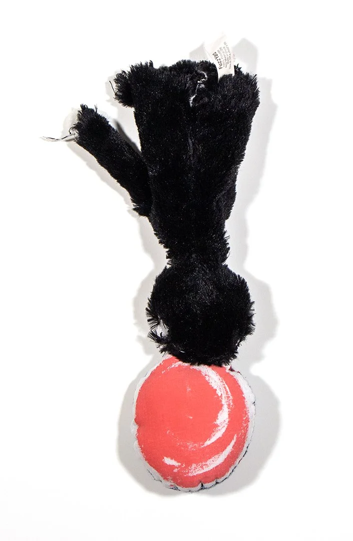 cat, dog toy, fabric, thread, acrylic paint, and polyester fiberfill, 13.5 x 6 x 2 inches, 2025