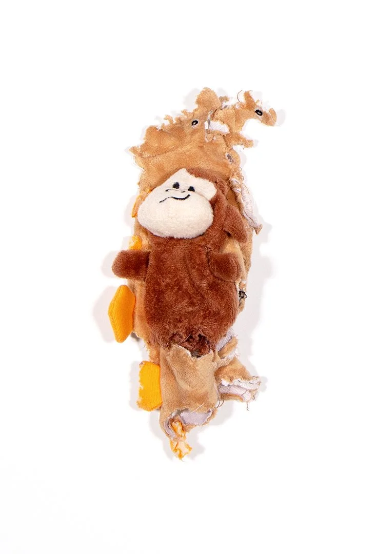 monkey and dinosaur, dog toys and epoxy, dimensions variable, 2024