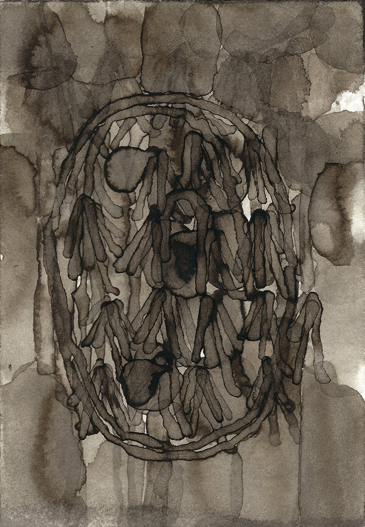 remembering accardo tackle #52, walnut ink and acrylic on paper, 7.5 x 5.5 inches, 2020