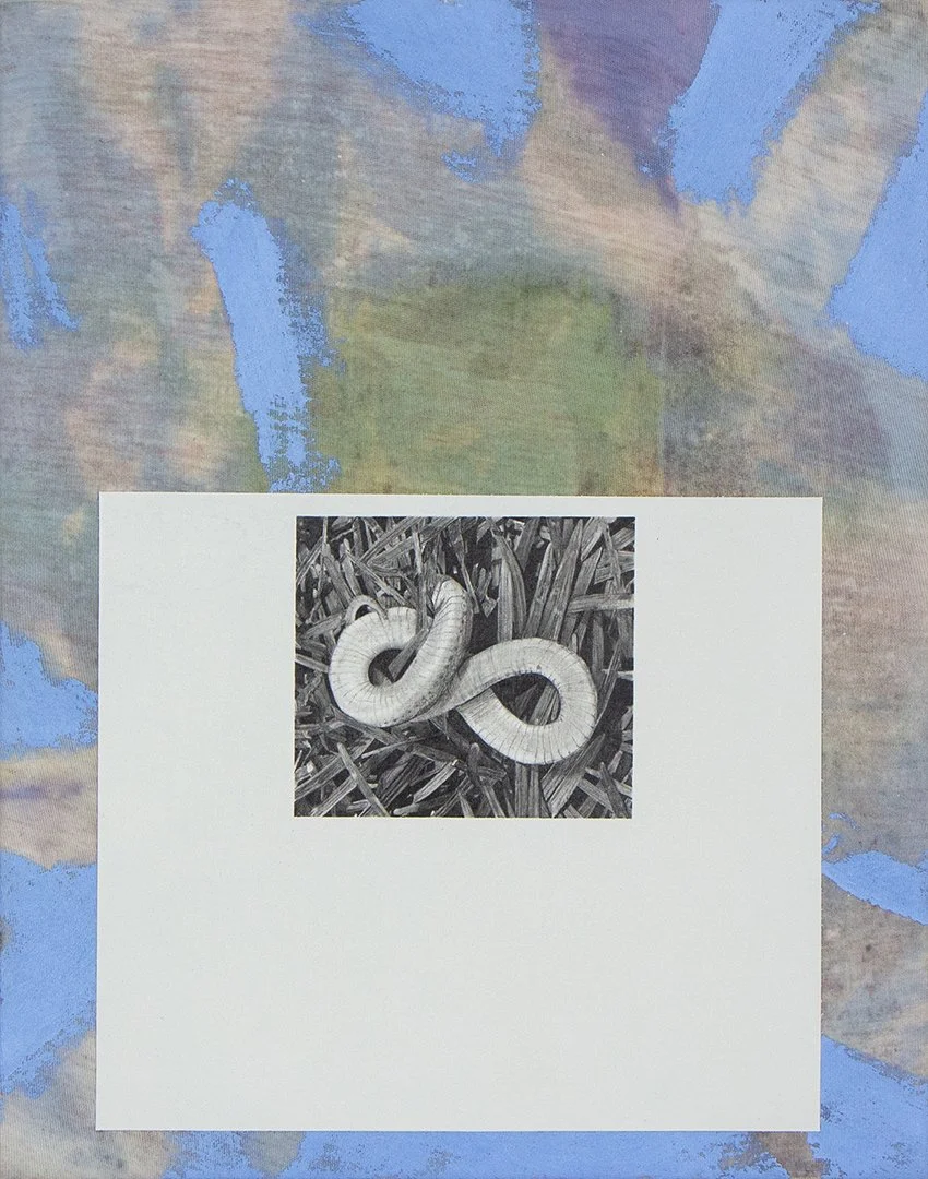 forever eating its own tail on my brother’s shirt, acrylic, graphite, and t shirt on canvas, 14 x 11 inches, 2023