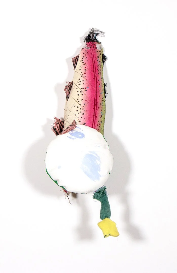 rainbow trout and Tyrannosaurus rex, dog toys, fabric, thread, acrylic paint, and polyester fiberfill, dimensions variable, 2025