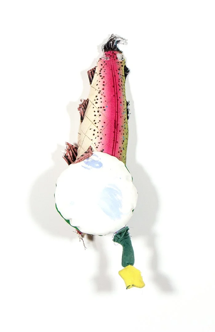 rainbow trout and Tyrannosaurus rex, dog toys, fabric, thread, acrylic paint, and polyester fiberfill, 20 x 7 x 4.5 inches, 2025