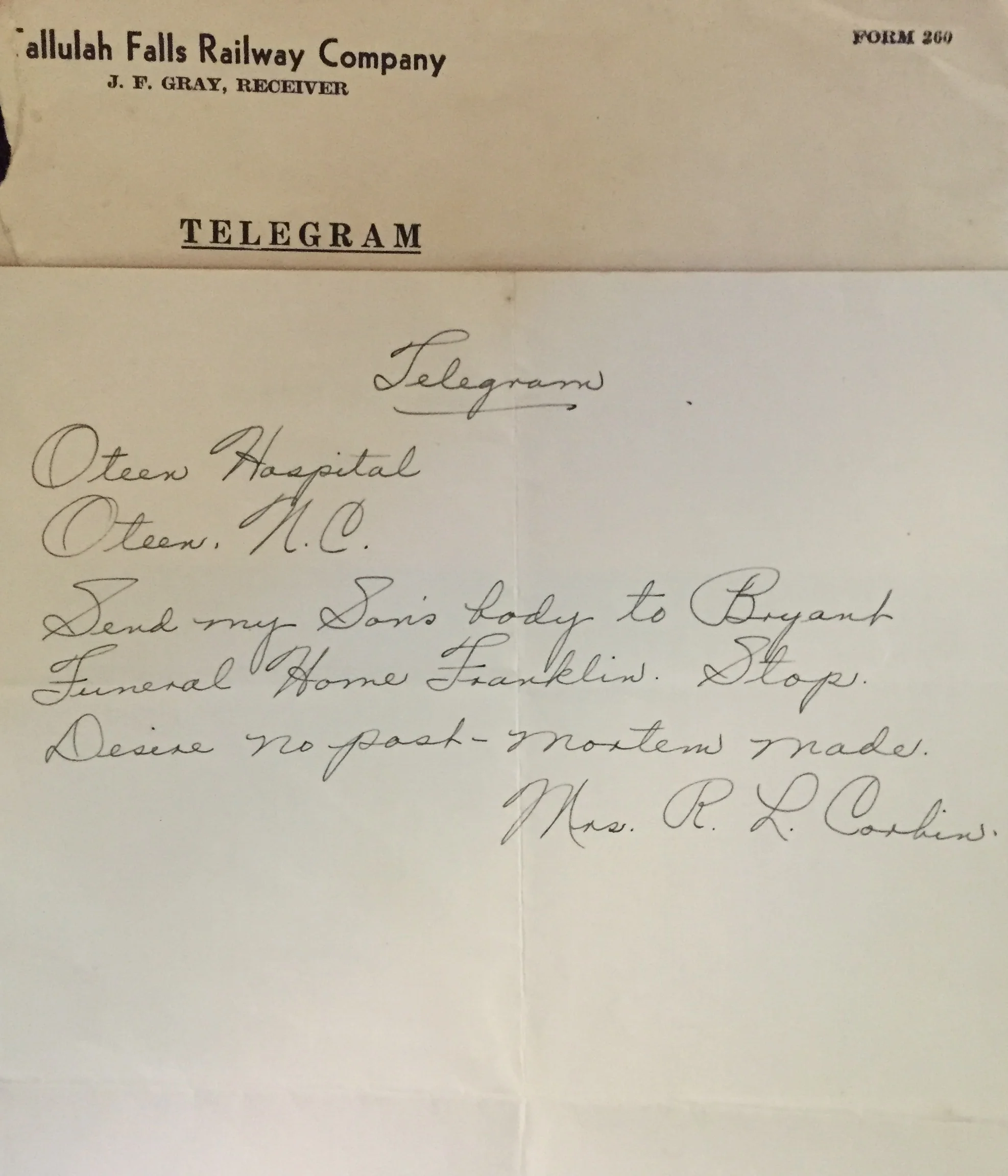 Her response: "Send my son's body to Bryant Funeral Home Franklin. Desire no post-mortem made."