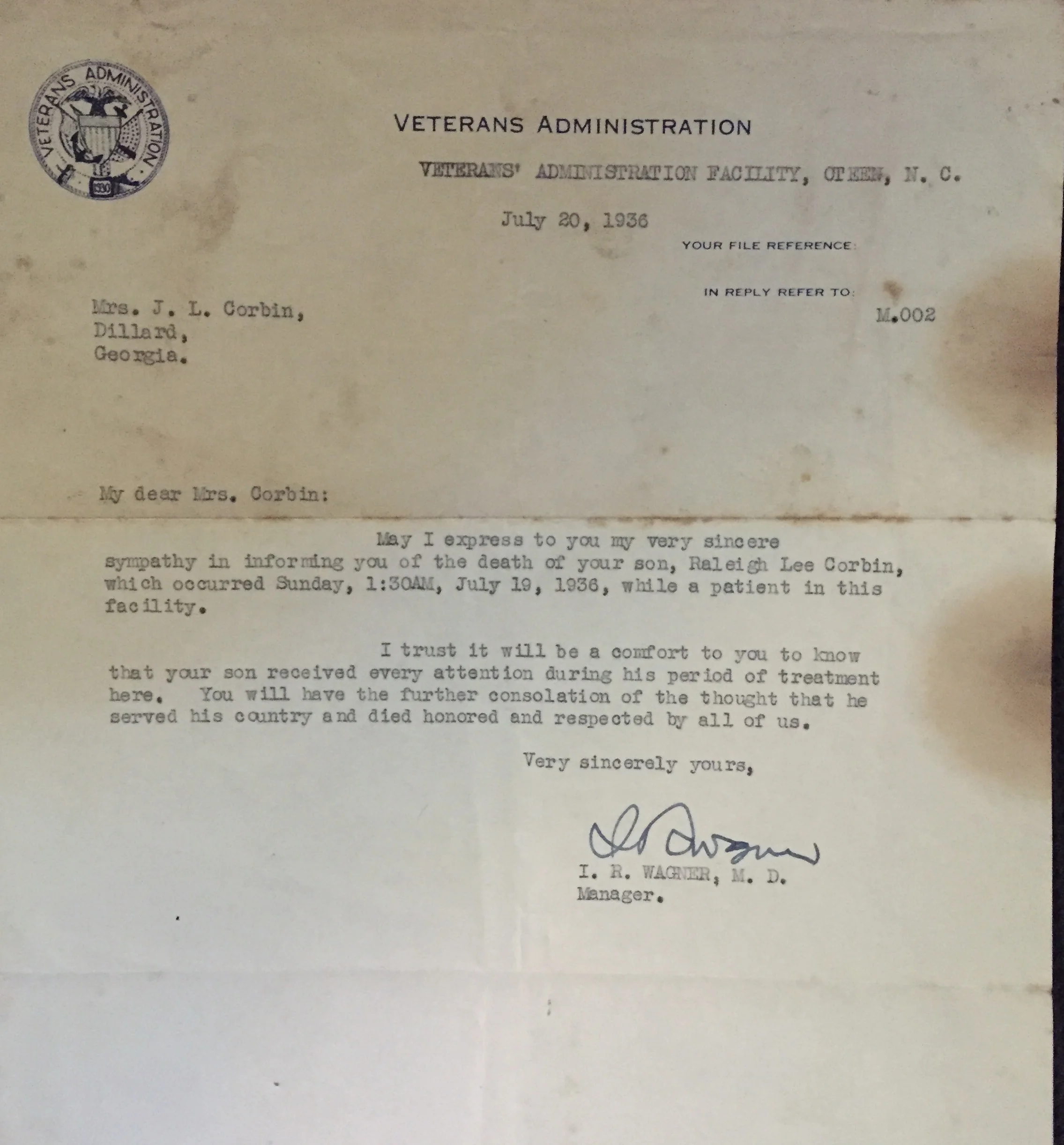 A formal letter, dated July 20, 1936, from the attending doctor to my great-great-grandmother, announced her son's death. 