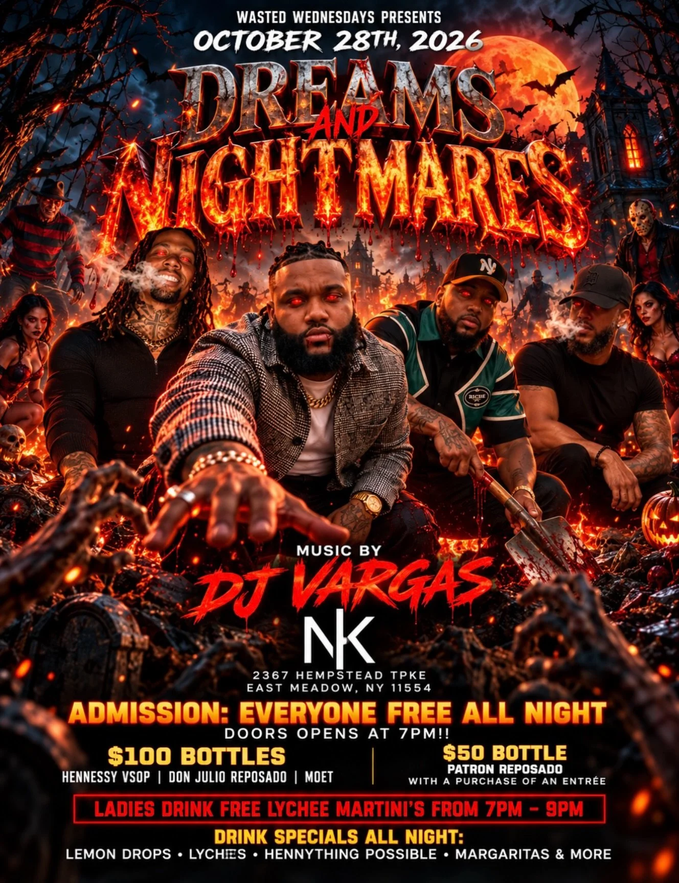 Wednesday📍 NK (East Meadow, New York) ‼️ &ldquo;DREAMS &amp; NIGHTMARE&rdquo; 💀👻 Everyone Free All Night! We In There Pull Up &amp; Pop Out! BIG LEAGUES RSVP ☎️ @nk_restaurant @chip2th @sneed_dagreat @skully_lowkey 

#InVargasWeTrust #DJVargas #HP