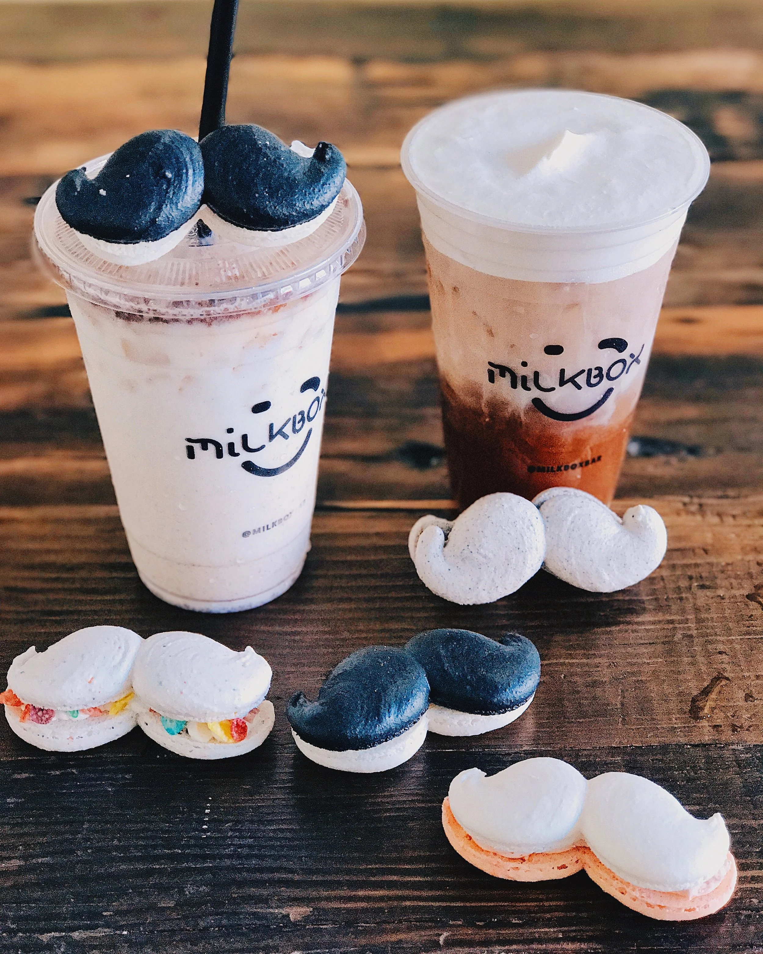 Milk Box Drinks & Mustache Macarons