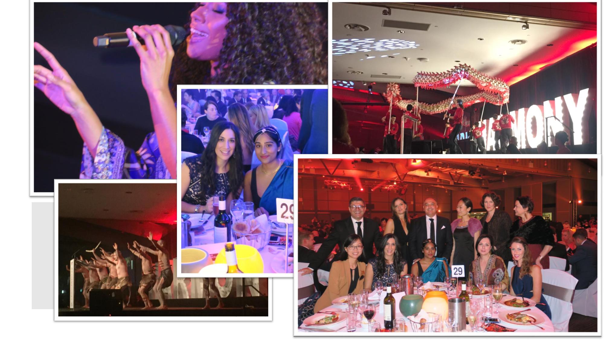 From left clockwise direction: Paulini singing at the Harmony Dinner, Dragon dance, Cultural Perspectives Group, Cultural Perspectives staff, Aboriginal Dance