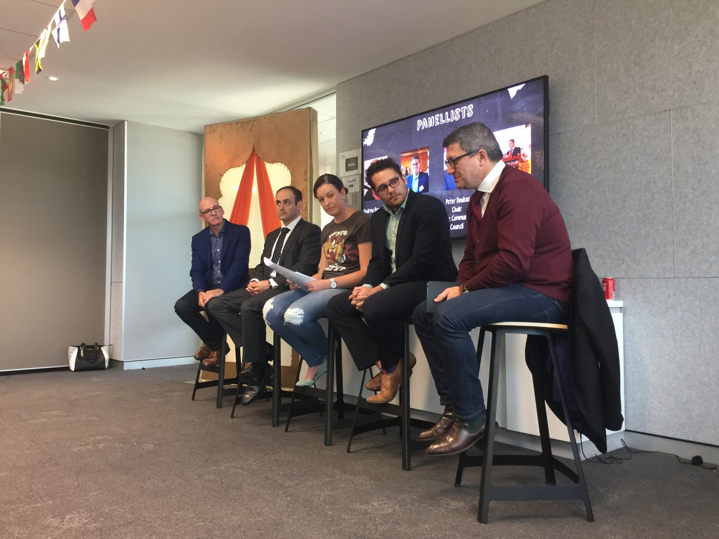 Pino Migliorino (far right hand side), Managing Director of Cultural Perspectives Group, speaking at the panel discussion of icare Festival of People