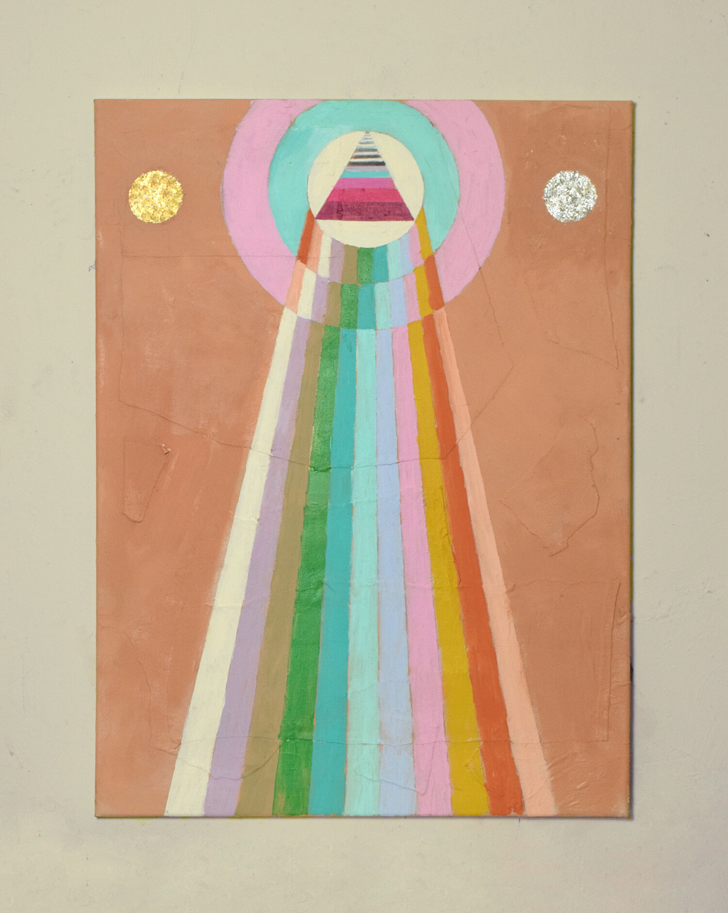 Stargate, 2020, acrylic and collaged fabric on canvas, 30 x 40 in.