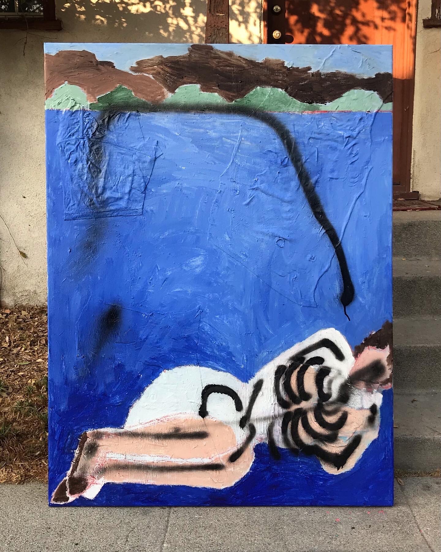 Sleeping, Dreaming, Fishing, 2020, acrylic, spray paint, oil, collaged fabric on canvas, 36 x 48 in.