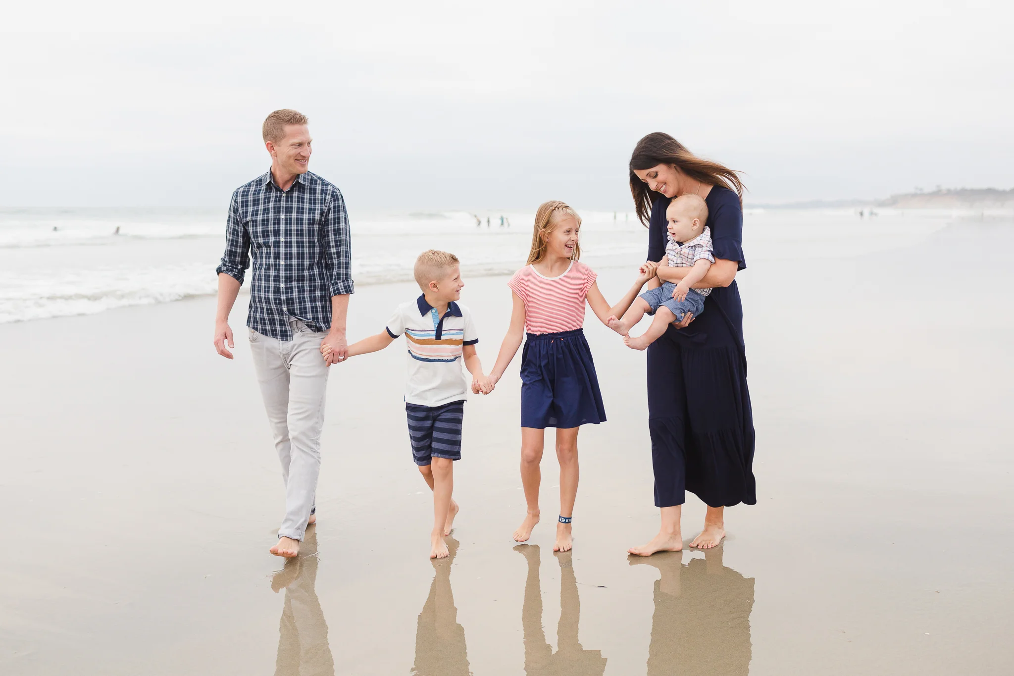 family walking on the beach in Del Mar, San Diego