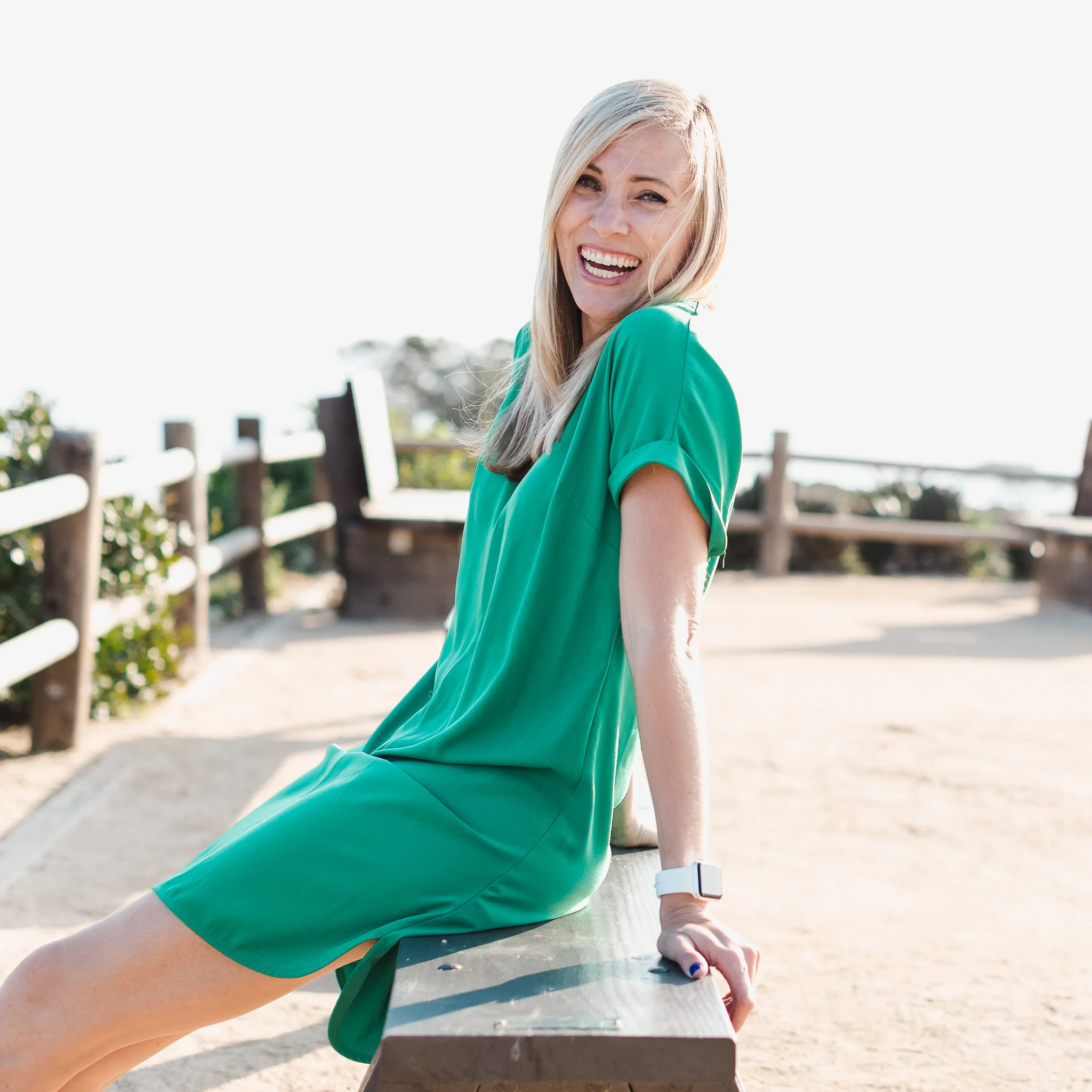 woman sitting on bench at Torrey Pines, State Beach, San Diego, CA