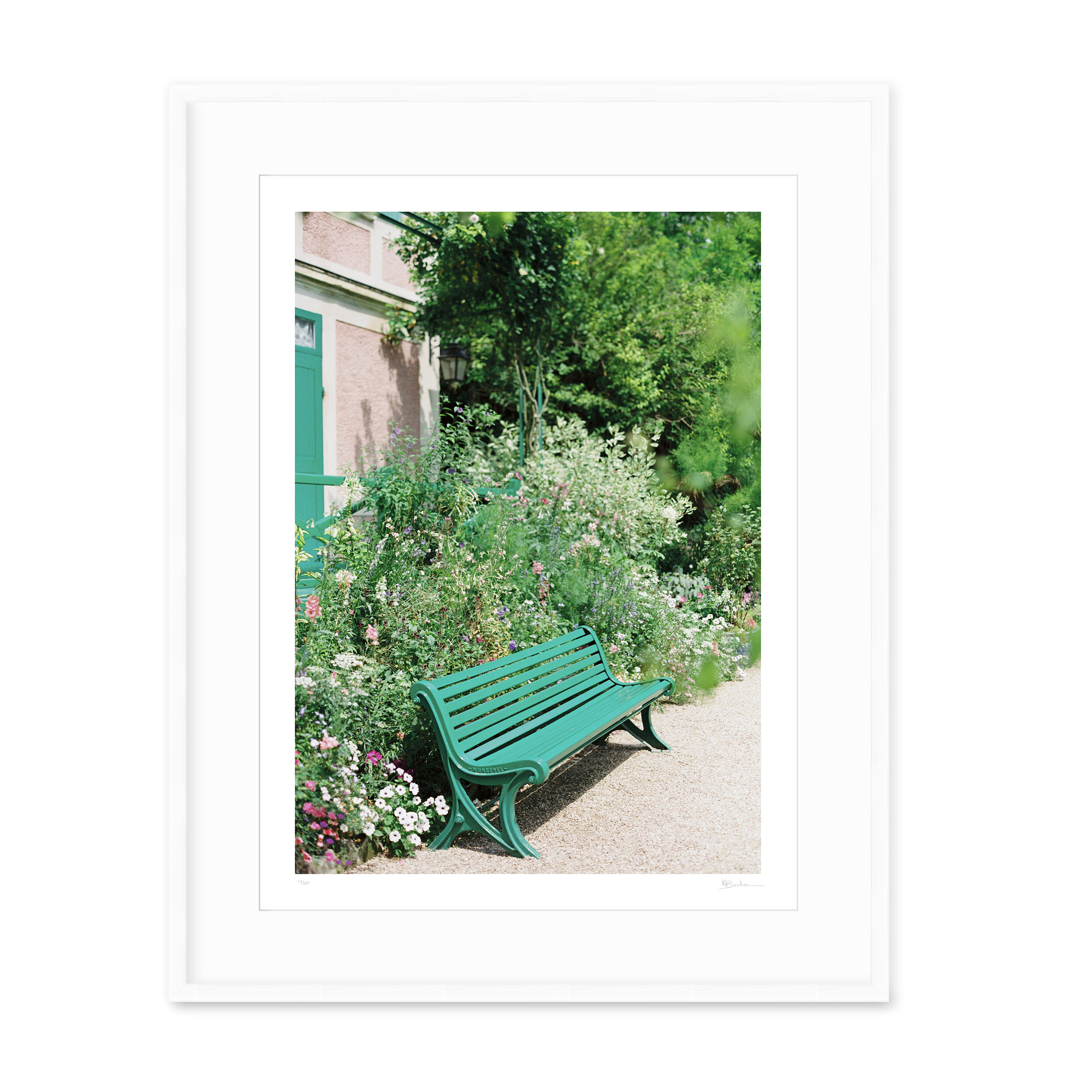 Kayla Barker Fine Art Photograph Monet's Garden Summer Bench White Frame.jpg
