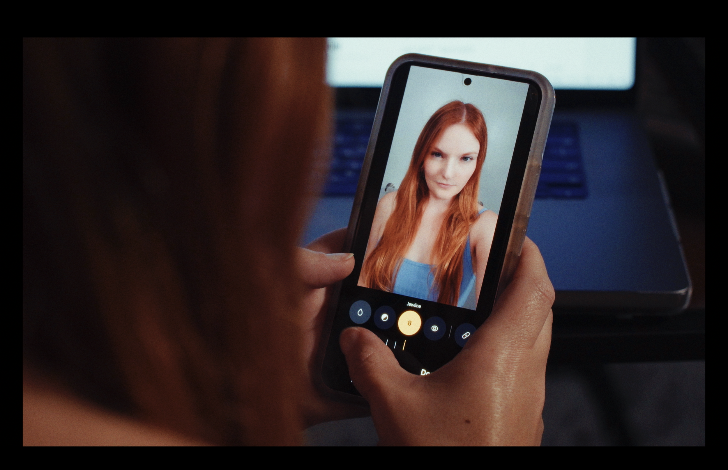 Person holding a smartphone using Facetune on a selfie of a woman with long red hair wearing a blue top.