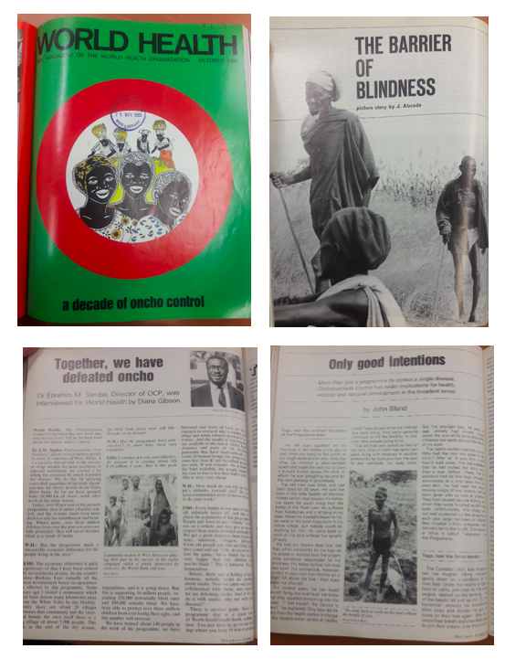 Examples of photographs and headlines depicting the impact of the Onchocerciasis Control Programme in the WHO's World Health magazine.