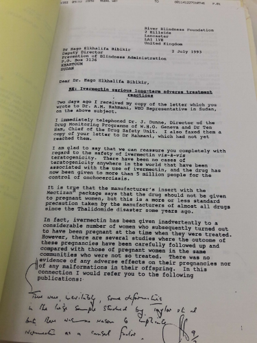 A confidential letter found at the WHO Archives, addressing drug safety concerns in Sudan.