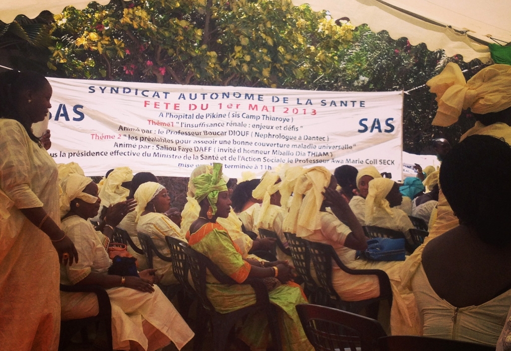 Senegalese public health workers meet on 1 May 2013 to discuss universal health coverage, among other topics.