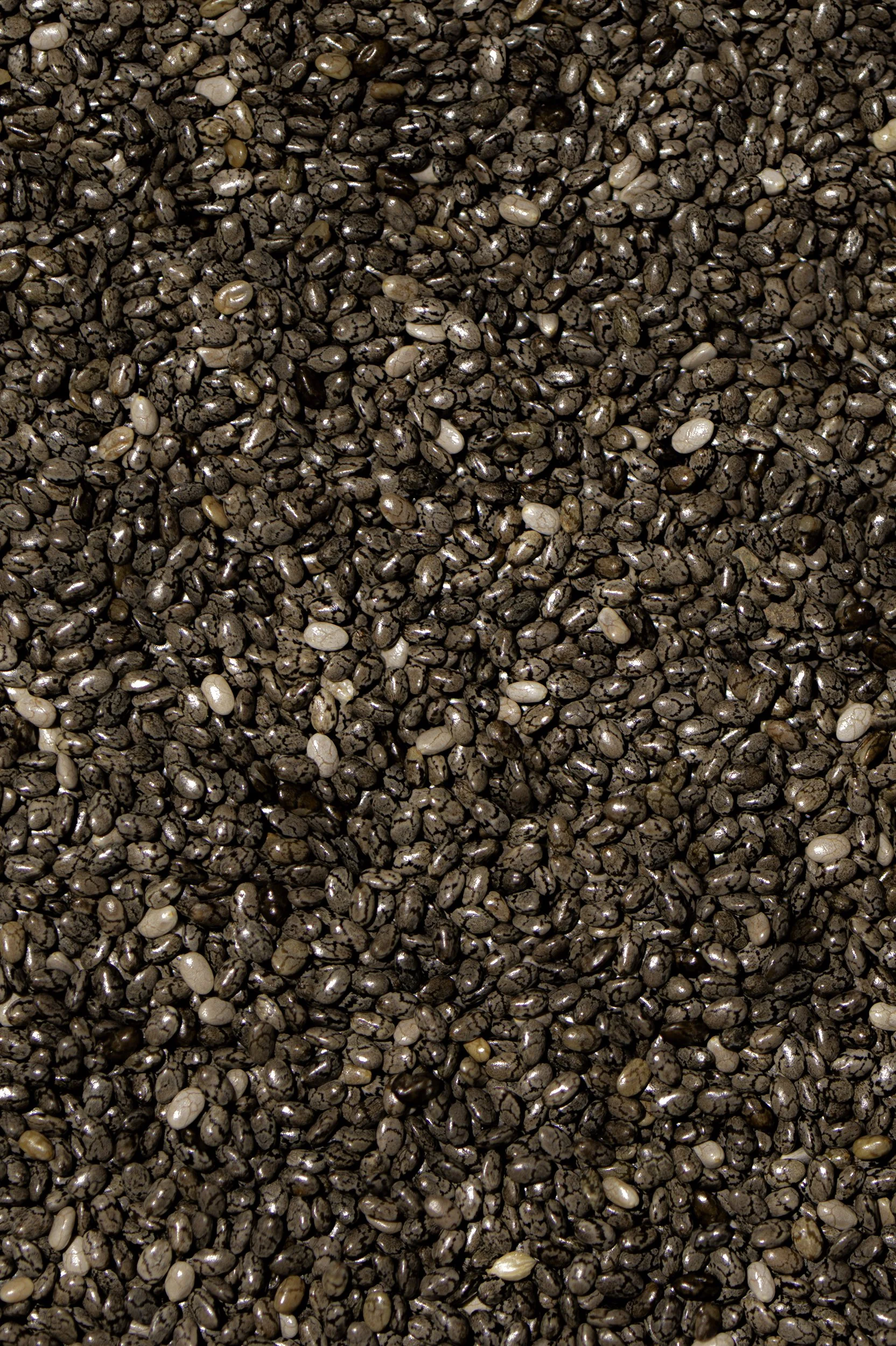 Close-up of a large quantity of chia seeds with black, white, and brown colors.