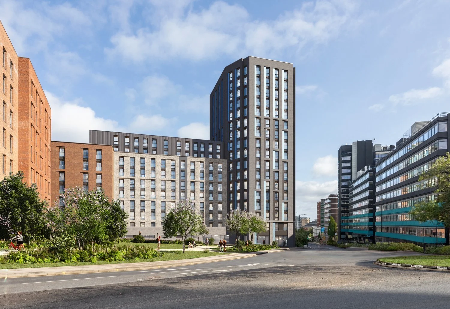 An image showing Hollis Croft, a tall residential building in Sheffield City Centre. The main tower is dark greay brickwork with a contemporary architecture style with tall dark grey windows. The middle section is a buff brick colour.