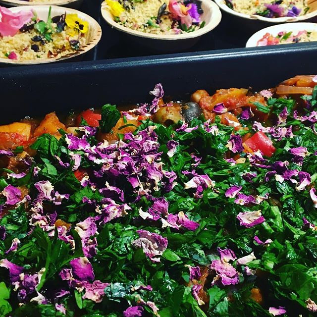 Vegan fare for a 60th birthday party - Tagine with Celebration Couscous, edible flowers and herbs... #vegan #vegancatering #vegetarian #catering #privatechef #plantbased