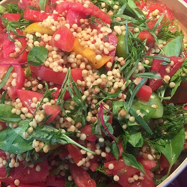 Heirloom tomato, fregola and herb salad. #seasonalfood  #veganrecipes #plantbaseddiet
