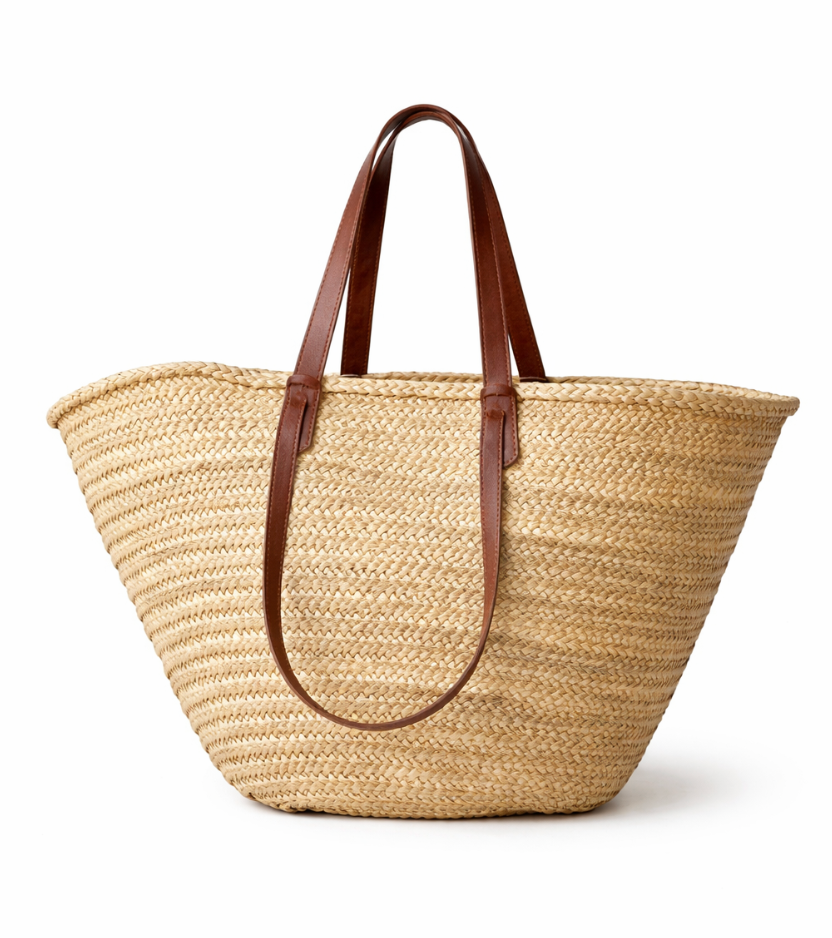Handmade Straw Bag with Leather Handles: Brown