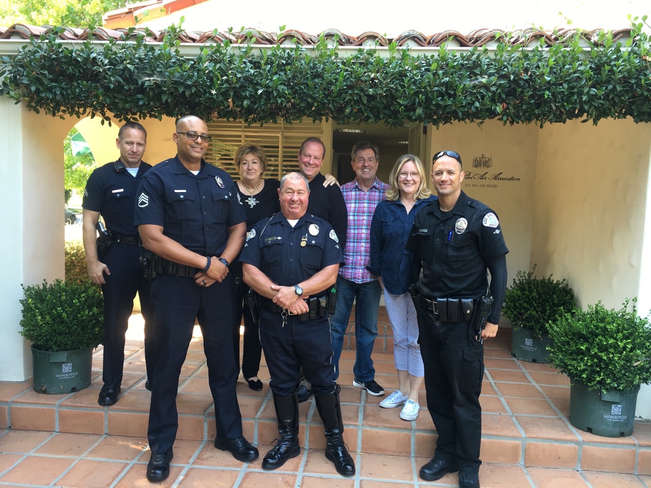 Left to right: Sr Officer Chris Ragsdale, Sgt Justin Scott, MARCIA HOBBS, Officer Michael Toth, mark goodman md, dan love, maureen levinson, and officer p menchaca